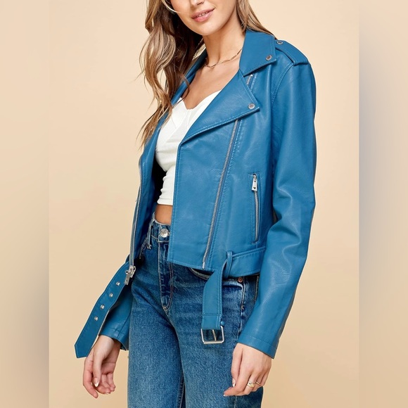 Faux Leather Zip Up Moto Biker Jacket -blue - Picture 2 of 7